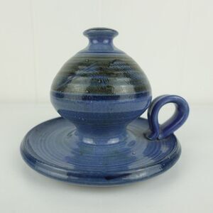 Studio Art Pottery Blue Candle Holder with Handle